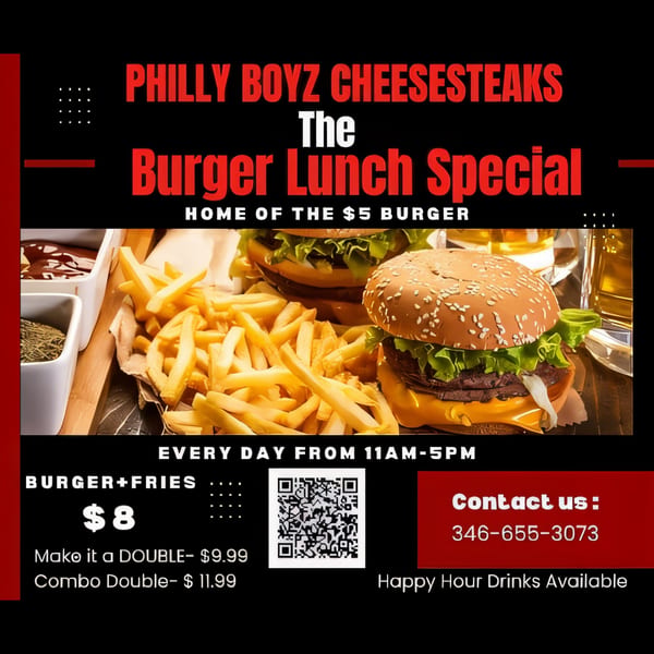 Two burgers with lettuce and cheese, surrounded by golden fries and dipping sauces.