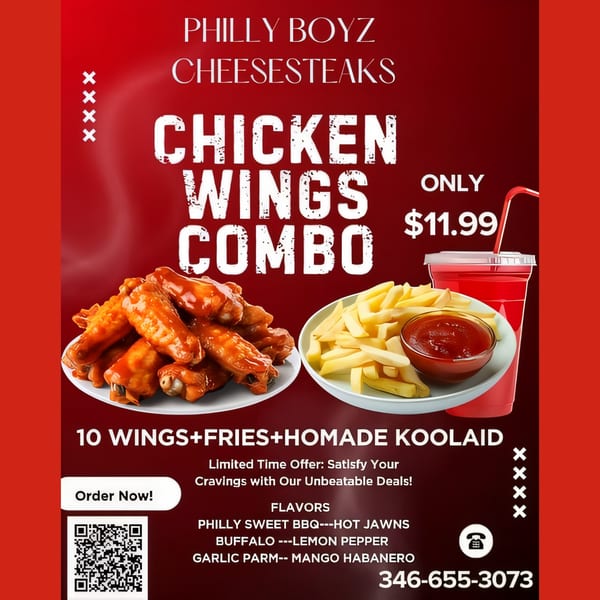 A Philly Boyz Cheesesteaks ad for a chicken wings combo with fries and a drink on a red background.