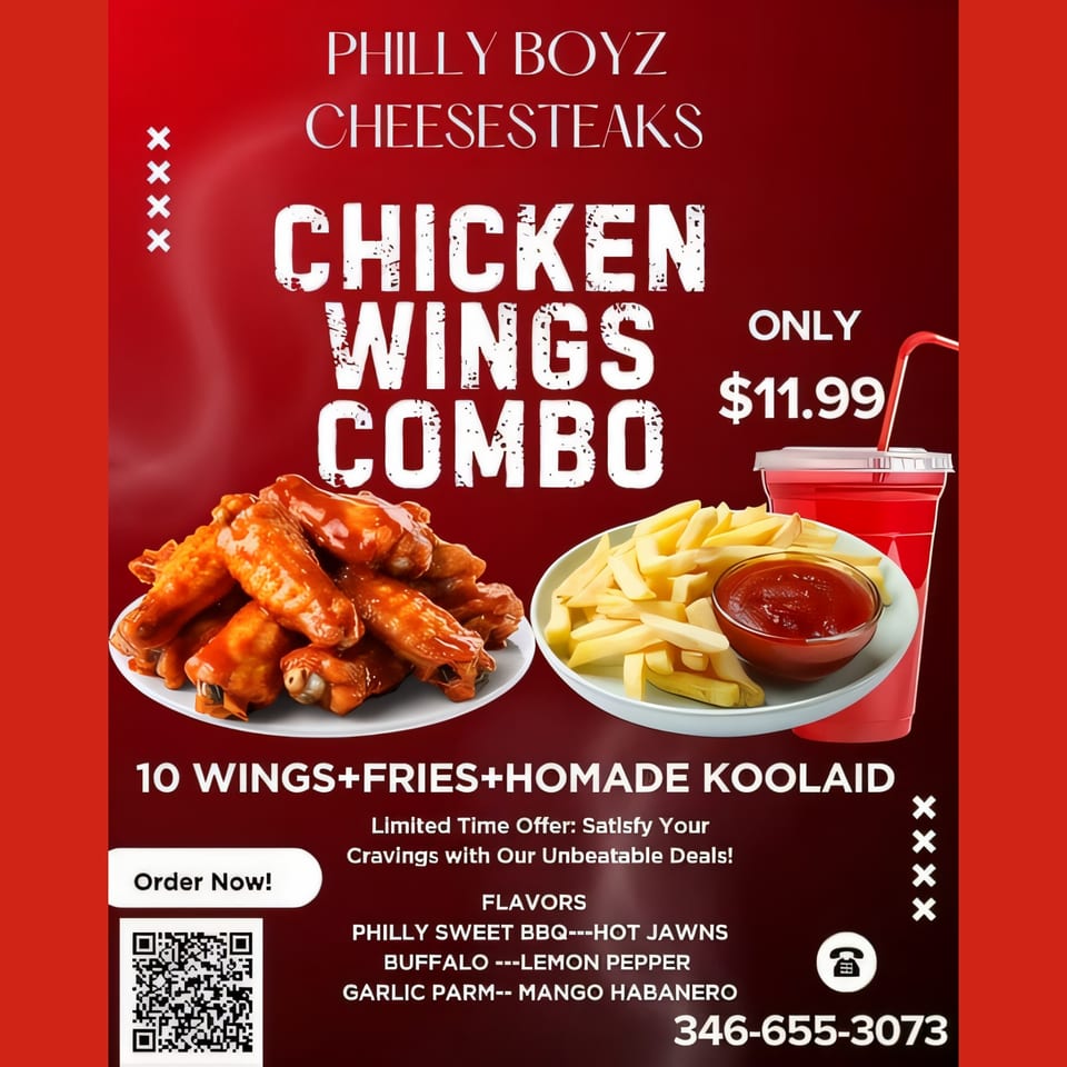 A Philly Boyz Cheesesteaks ad for a chicken wings combo with fries and a drink on a red background.