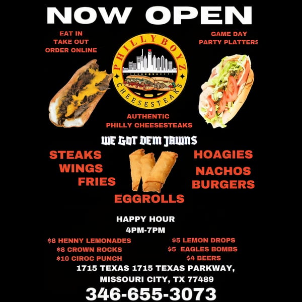 Philly Boyz Cheesesteaks menu with a cheesesteak, hoagie, eggrolls, and logo on a black background.