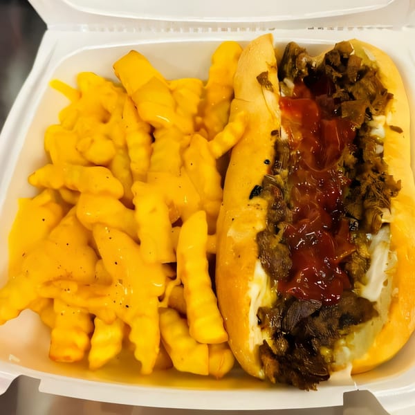 A Philly Boyz cheesesteak with ketchup and onions, alongside cheese-covered crinkle-cut fries.